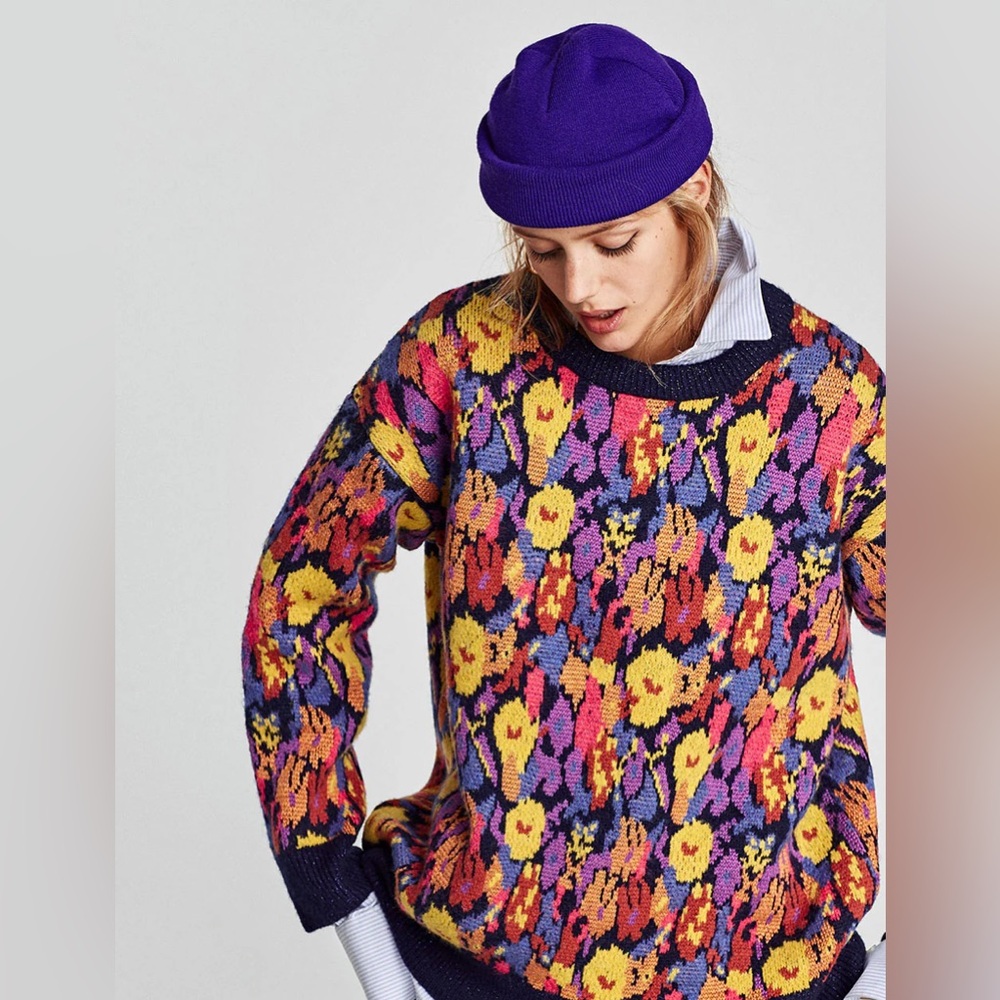 Oversized M Zara Chunky Floral Jaquard Colorful Sweater Baggy Loose Bold Retro